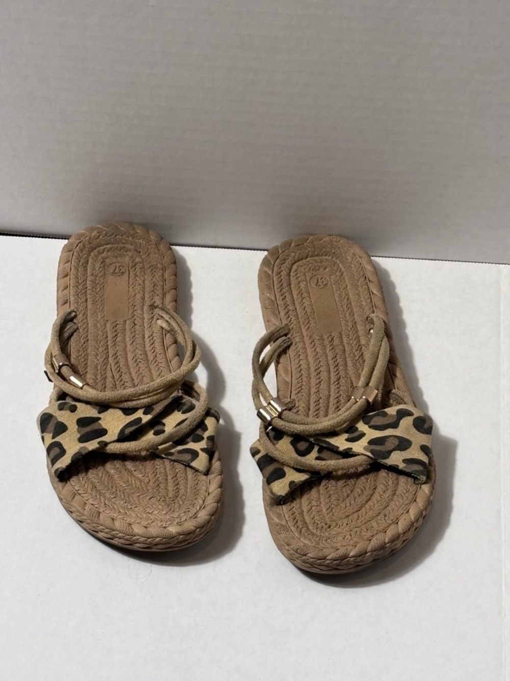 Leopard Print Braided Strap Slide Sandals - Tan